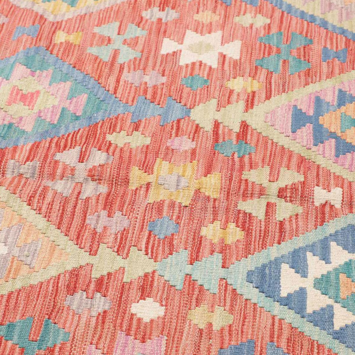 Tapis kilim, motif géométrique tissé plat en laine, KILIM 53 rouge, bleu, jaune, UN AMOUR DE TAPIS