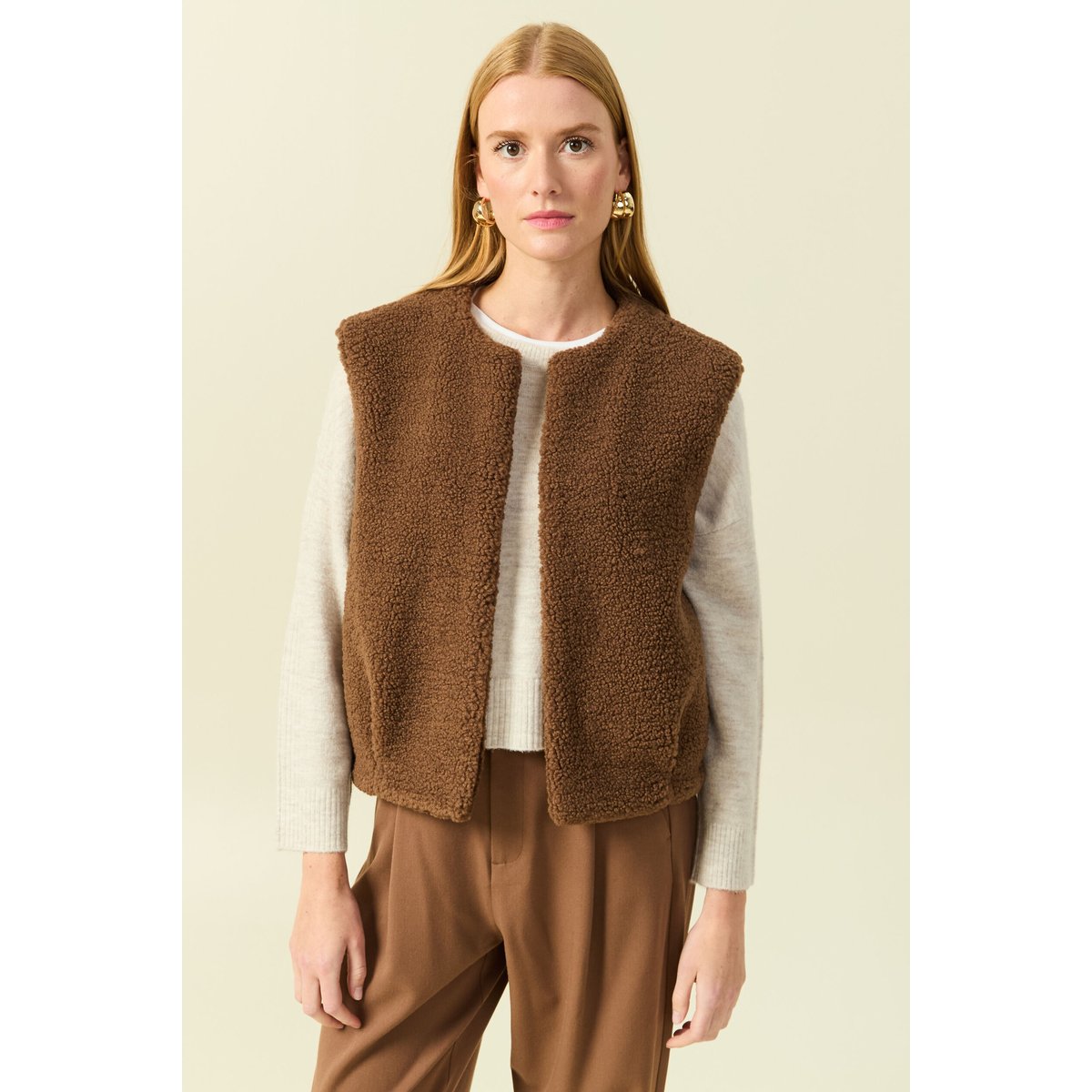 Gilet sans manches bouclette col rond marron, BONOBO