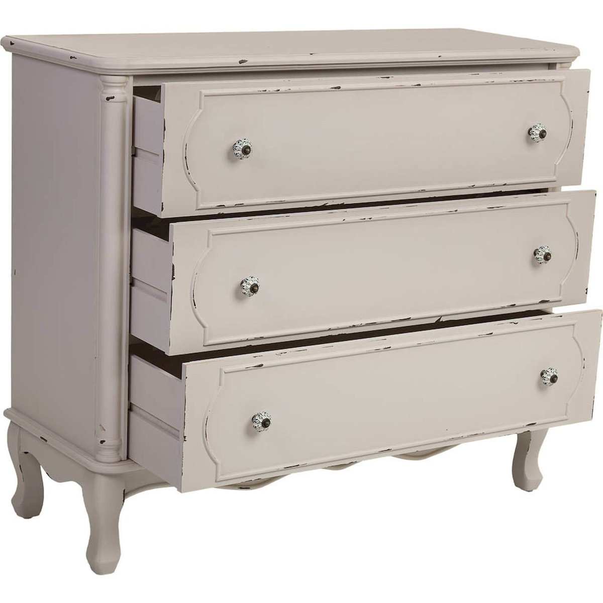 Commode en bois style vintage rectangulaire blanc antique patiné romantique, RECOLLECTION