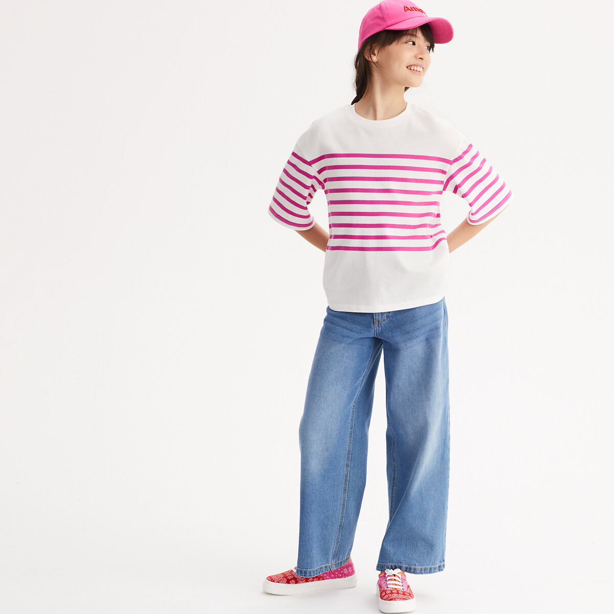Short-Sleeved Striped T-Shirt 4-14 Years ecru/pink stripe, LA REDOUTE COLLECTIONS