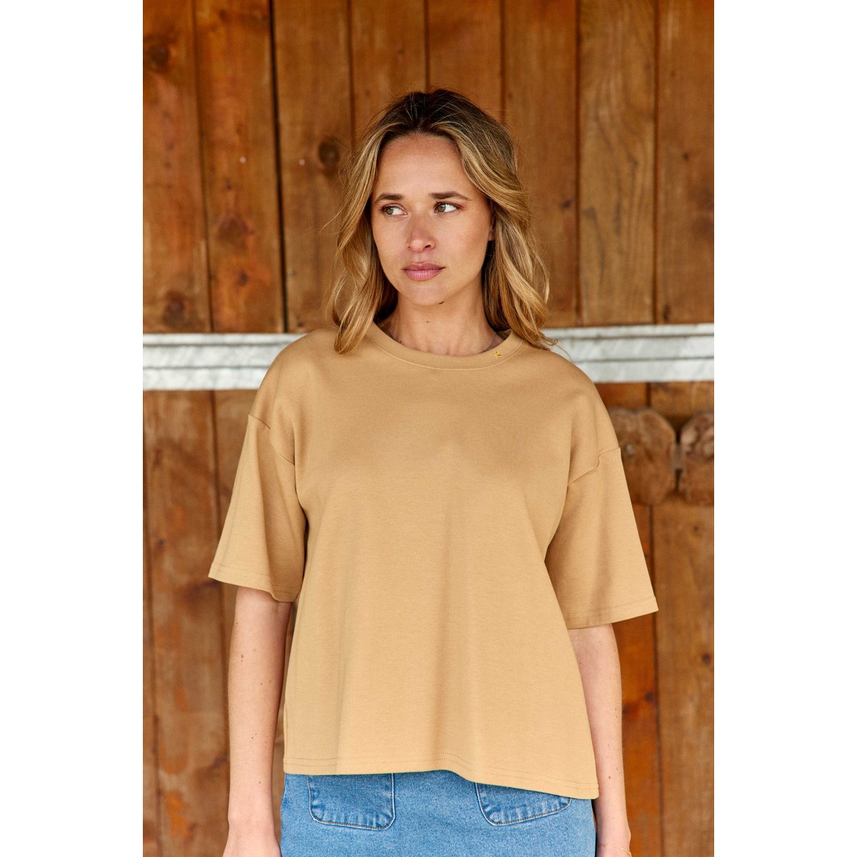 T-shirt manches courtes col rond imprimé à rayures TAIS 15-camel, LA PETITE ETOILE