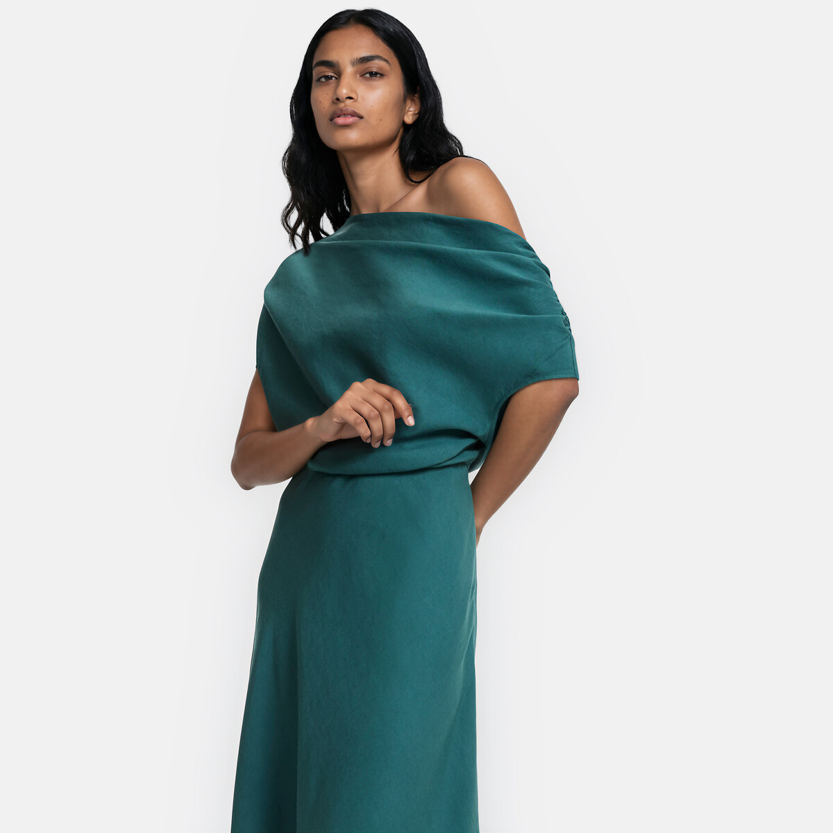 Abito midi drappeggiato con colletto asimmetrico verde smeraldo, LA REDOUTE COLLECTIONS