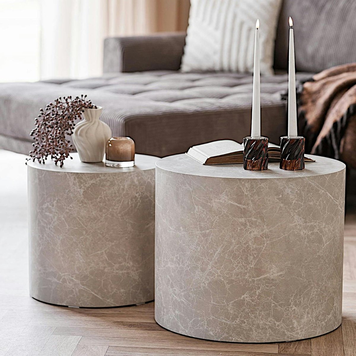 Table basse ronde design effet marbre grège (lot de 2) TORANO beige, PIER IMPORT