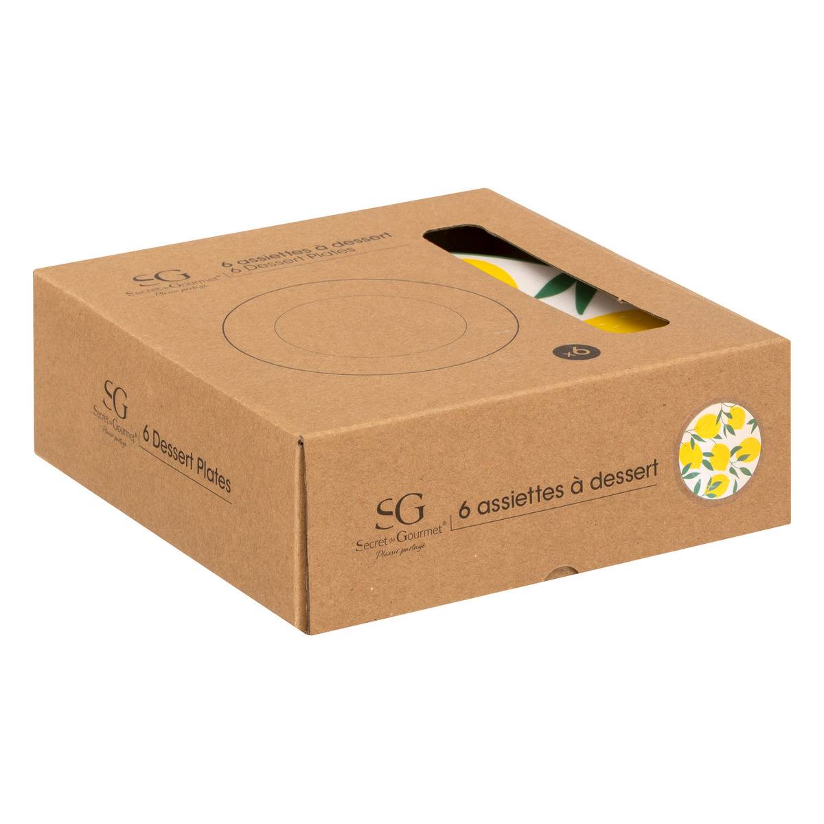 Lot de 6 assiettes à dessert en porcelaine CITRON blanc, SECRET DE GOURMET