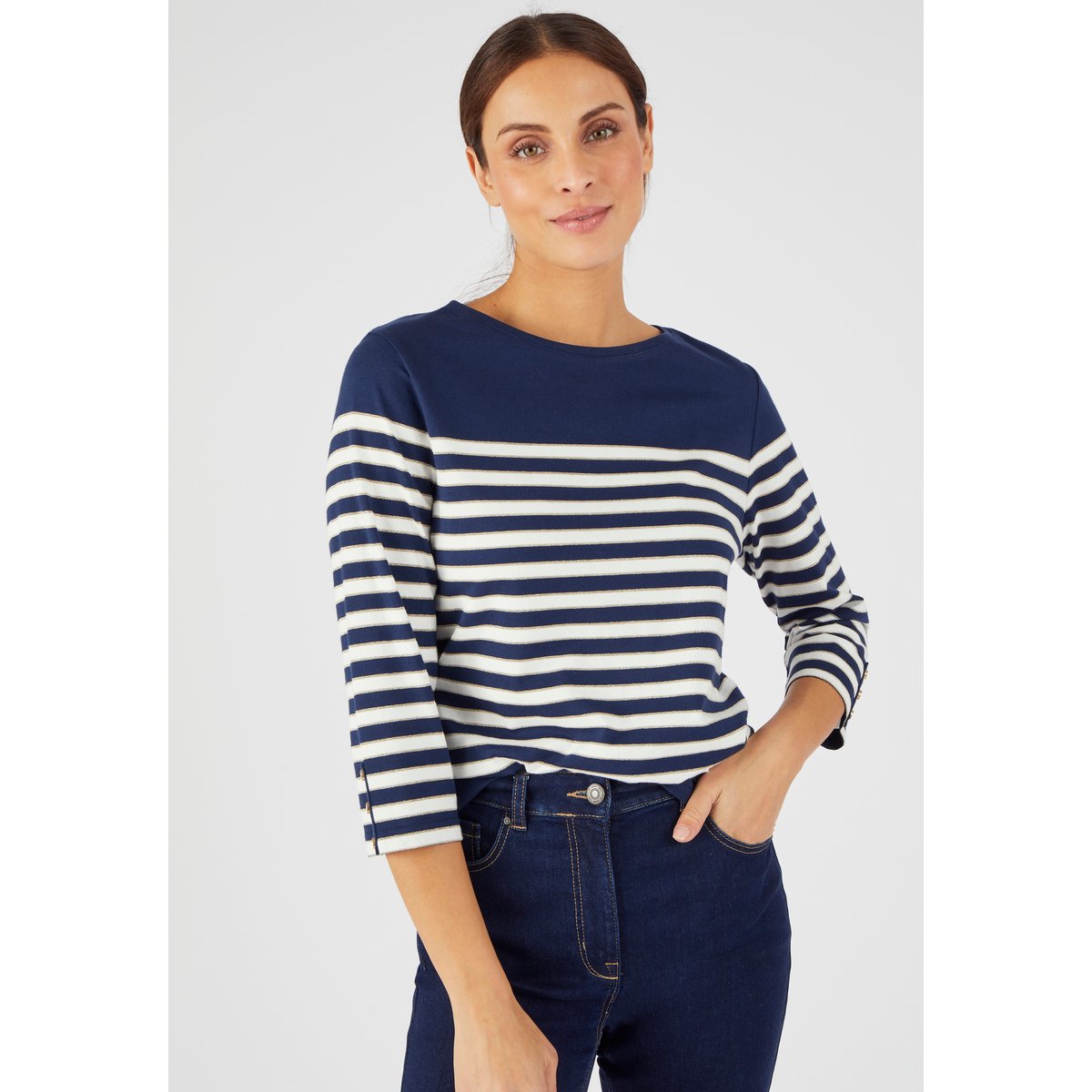 Marinière brillante manches 3/4 bleu marine rayé, DAMART