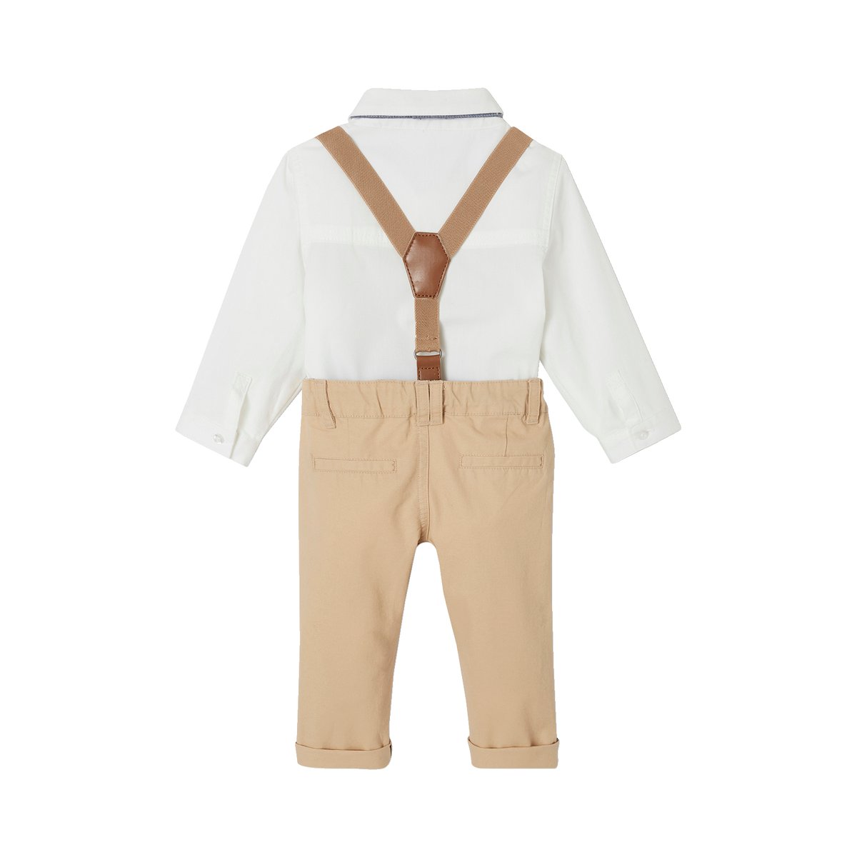 Ensemble 4 pièces bébé chemise + noeud papillon + pantalon + bretelles beige, VERTBAUDET