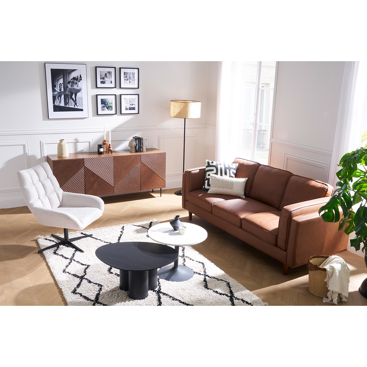 Canapé vintage 3 places cuir marron et bois foncé BRADLEY marron, MILIBOO