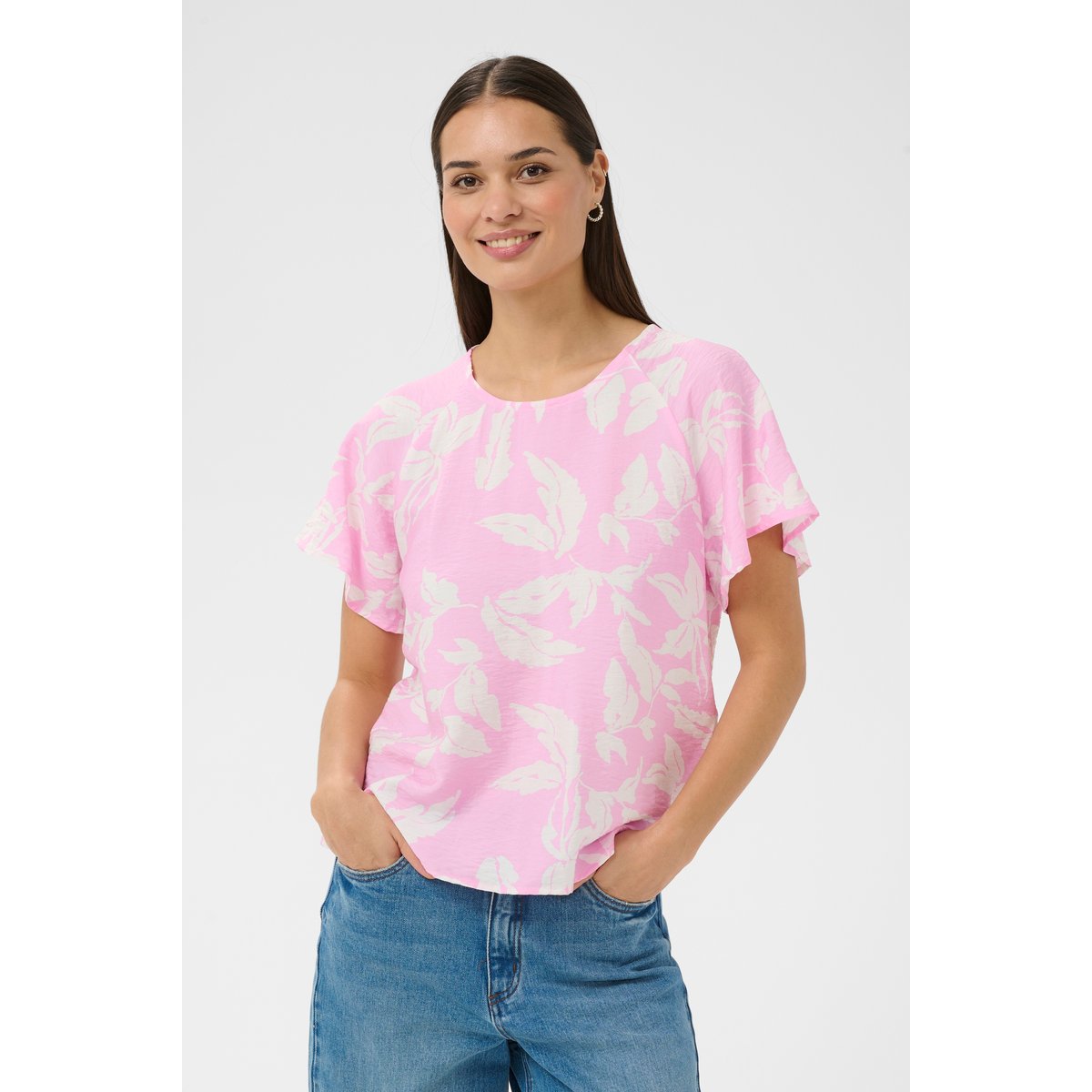 Blouse à manches longues rose blanc pink frosting chalk leafs, KAFFE