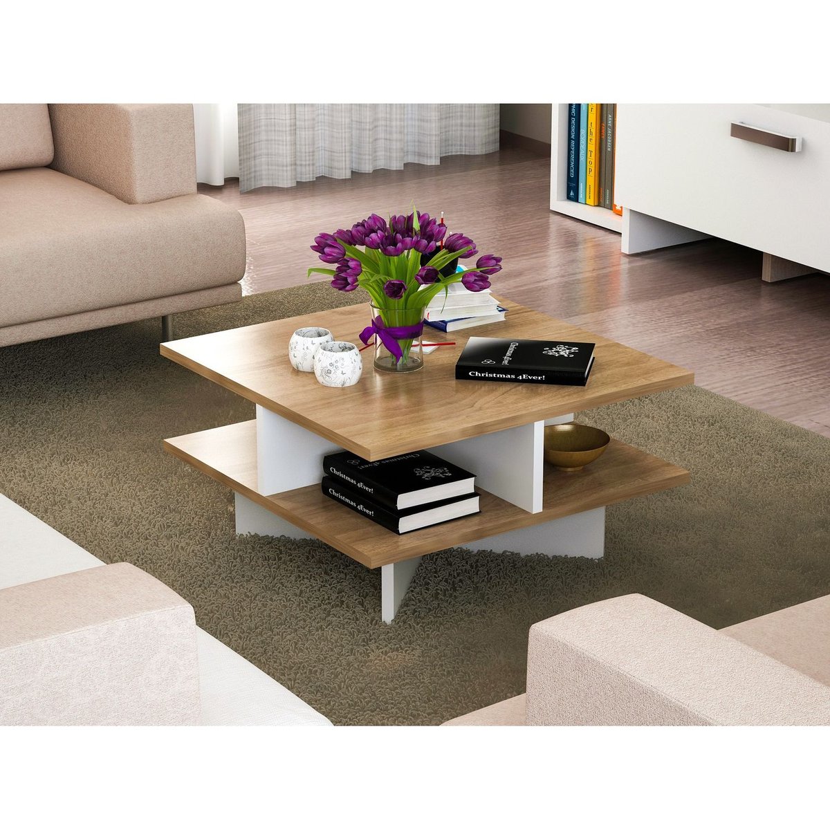 Table basse carré 4 étagères design scandinave HAMTON marron, TOILINUX