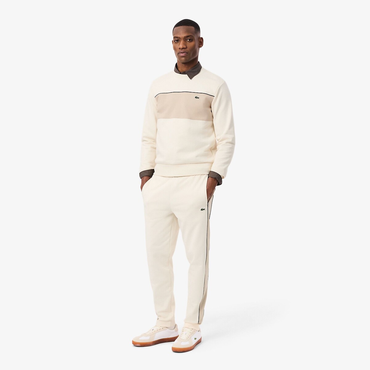 Pantalon de survêtement en molleton color-block beige, LACOSTE