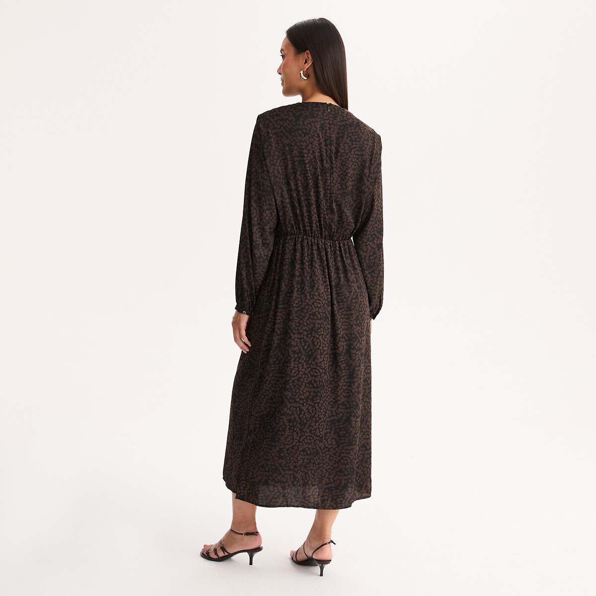 Robe fluide longueur midi, manches longues, imprimée imprimé animalier, ANNE WEYBURN
