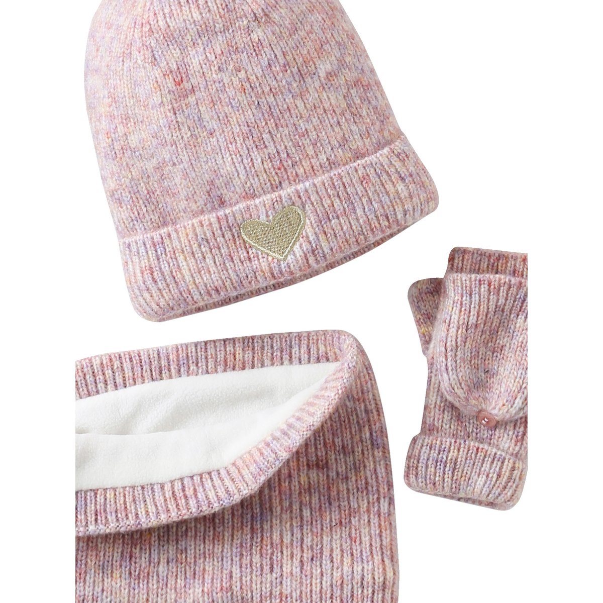Ensemble bonnet, snood, moufles/mitaines avec badge coeur rose poudré, VERTBAUDET