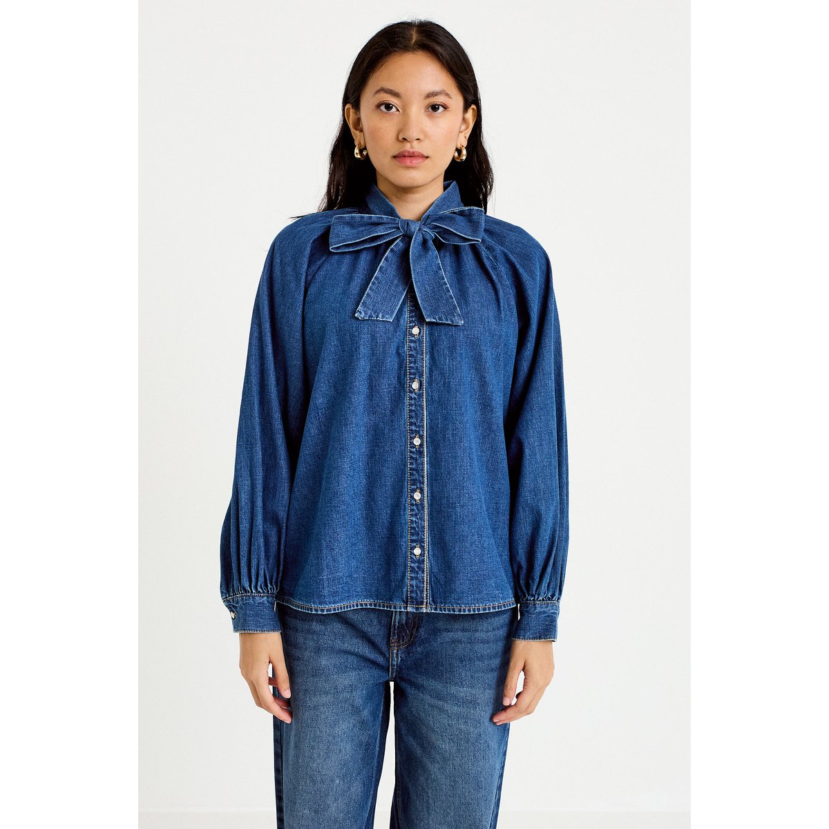 Chemise ample en jean col montant denim stone, CACHE CACHE