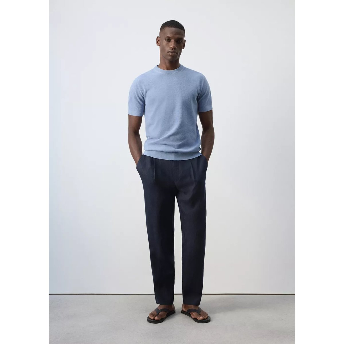 Pantalon 100 % lin relaxed fit à cordon bleu nuit, MANGO MAN