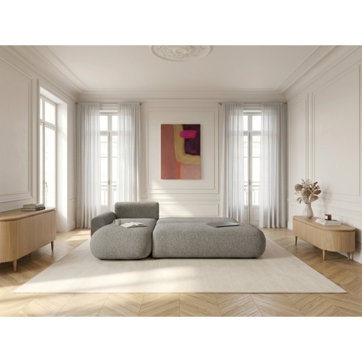 Canapé d'angle convertible 3 places en tissu bouclette, TANGO gris, BOBOCHIC