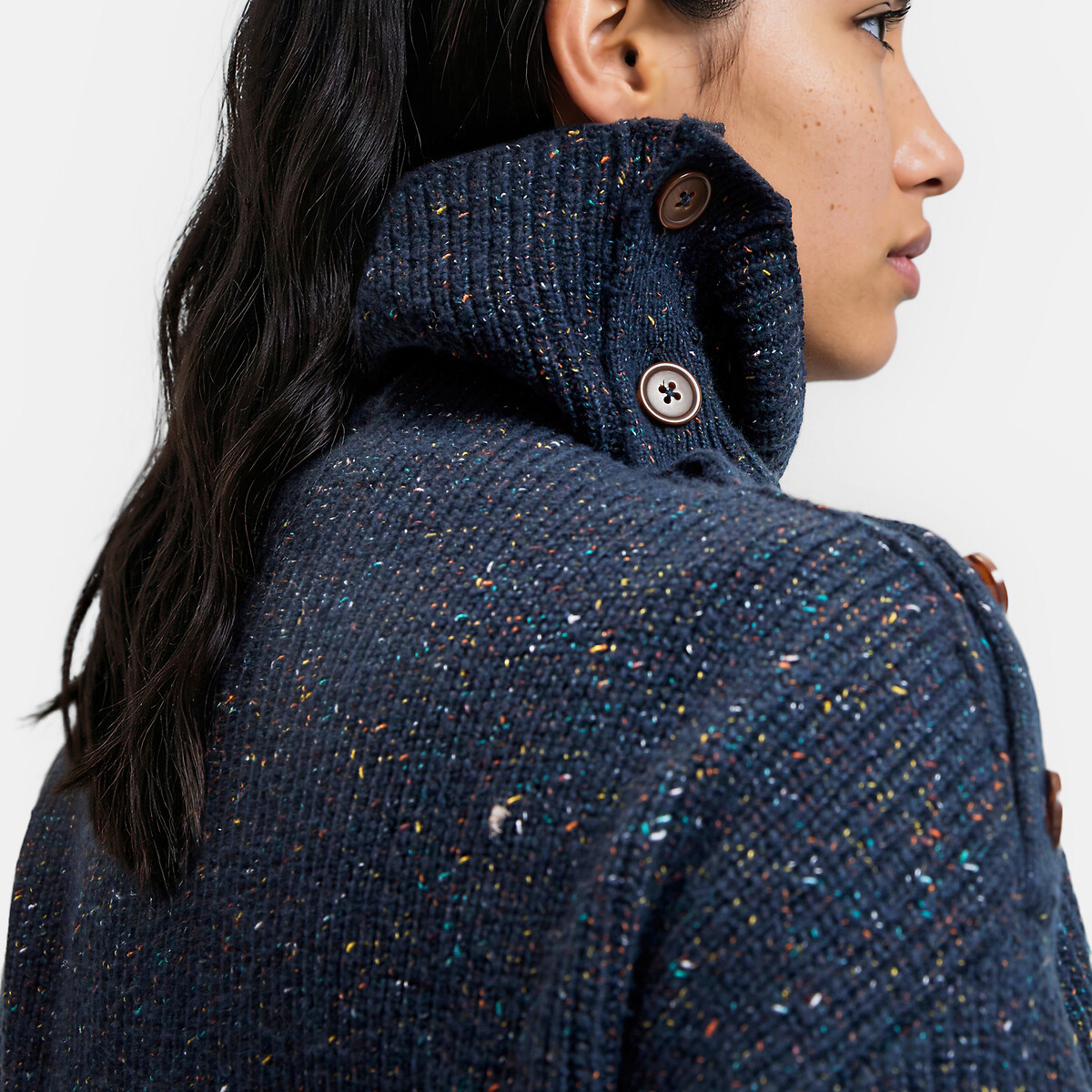 Pull chiné à col montant, avec boutons épaule marine, LA REDOUTE COLLECTIONS