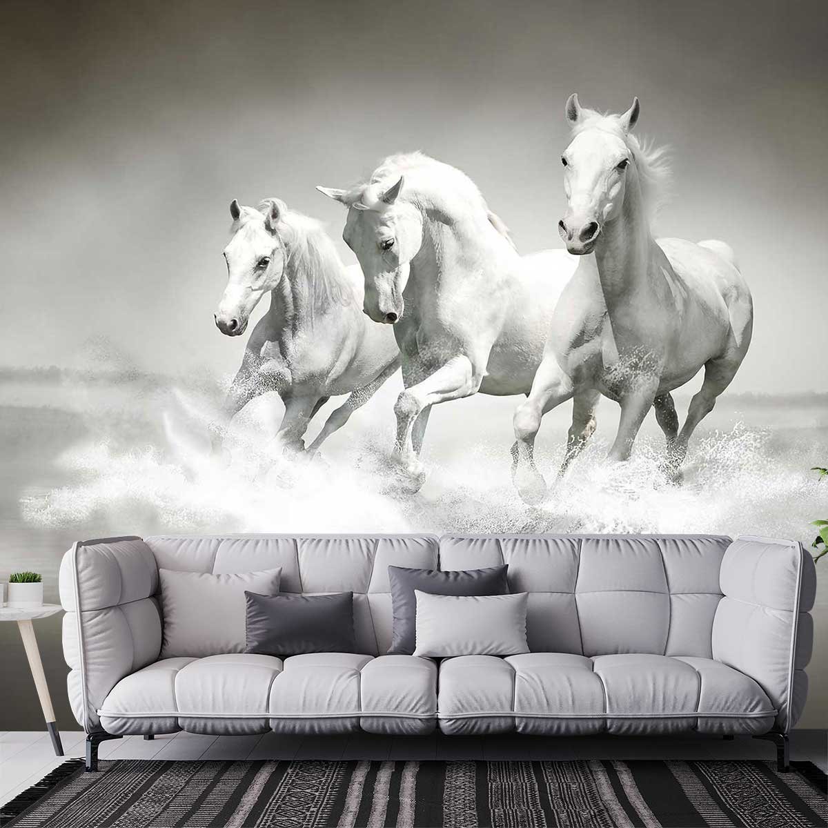 Papier peint chevaux blancs au galop intissé, HEXOA