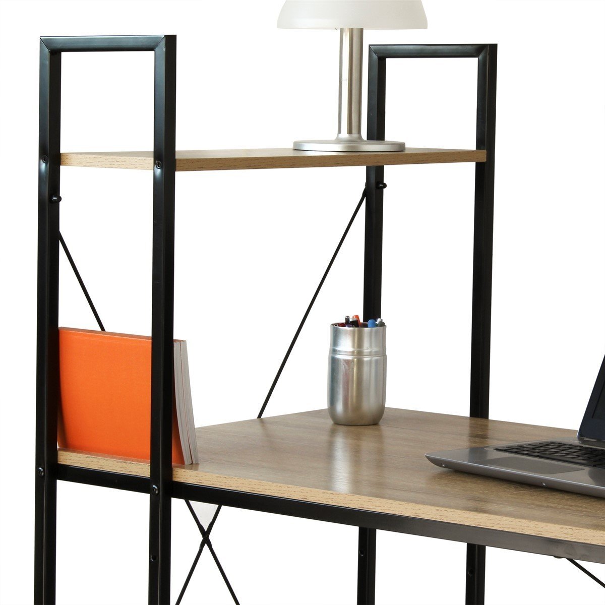 Bureau L120cm avec 4 étagères style industriel bois clair, CALICOSY