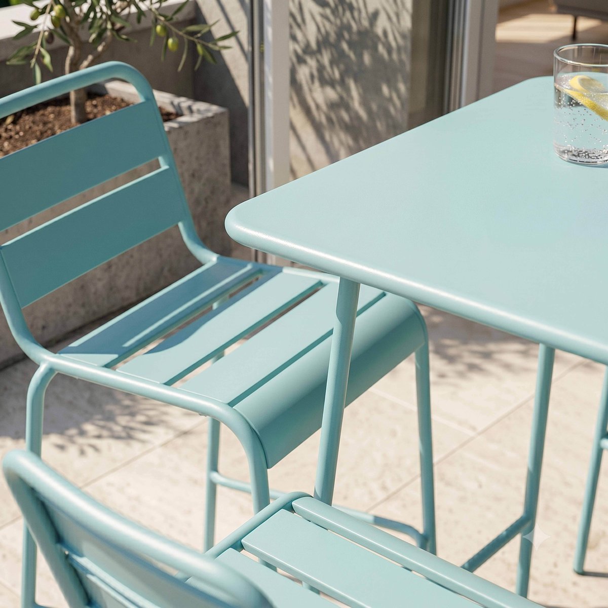 Salon de jardin table de bar et 2 chaises en acier, PALAVAS bleu turquoise, OVIALA