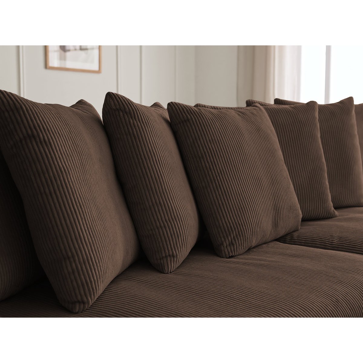 Canapé d'angle fixe 3 places en velours côtelé avec pouf, ENORE marron, BOBOCHIC