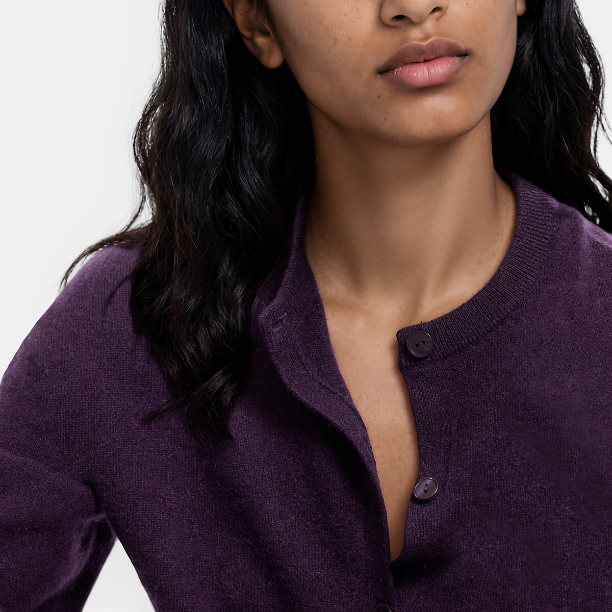 Cárdigan de punto fino de cachemira con cuello redondo violeta oscuro, LA REDOUTE COLLECTIONS