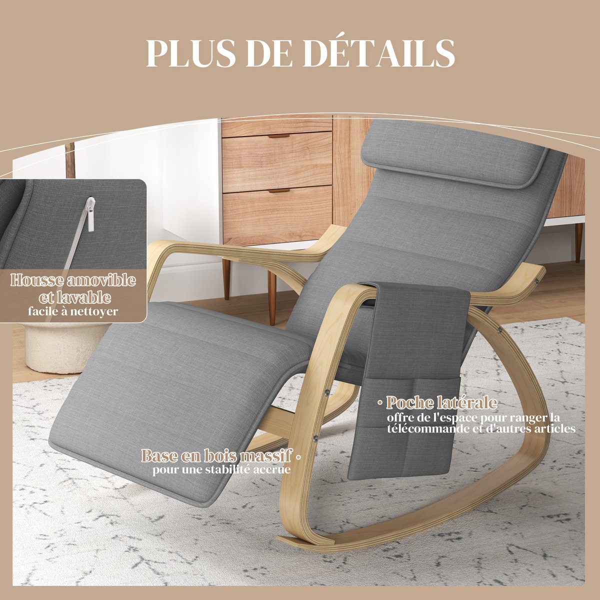 Fauteuil à bascule Lin Gris gris, HOMCOM