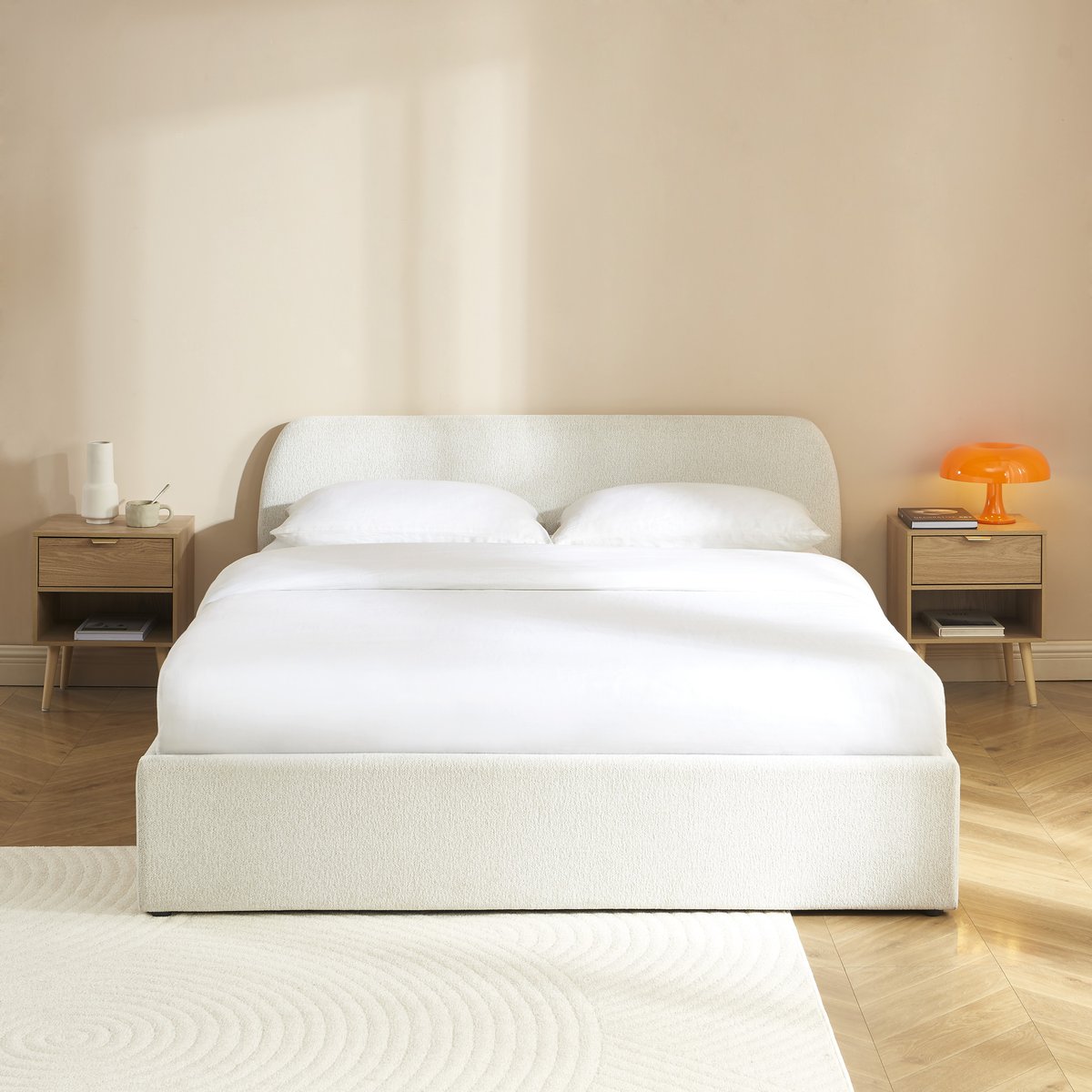 Lit coffre tissu chenille avec sommier GELA ecru, BAÏTA