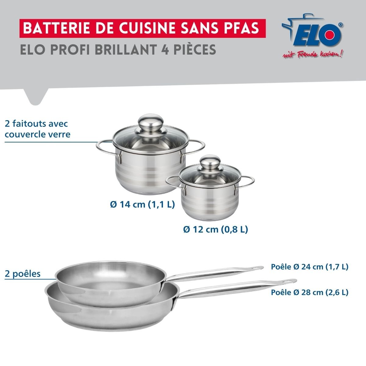 Batterie 2 poêles 24/28cm + 2 faitouts 12/14cm PROFI BRILLANT gris, ELO