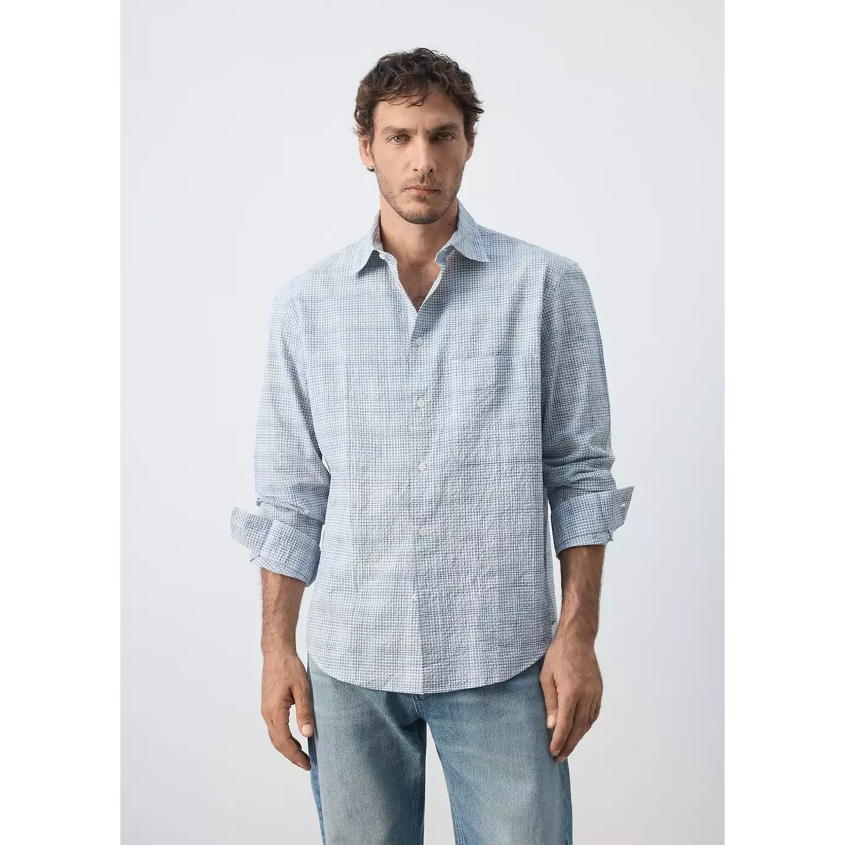Chemise seersucker texturée à carreaux bleu, MANGO MAN
