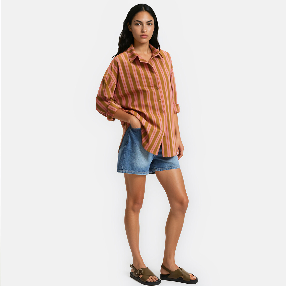 Signatures Apolline Striped Cotton Loose Fit Shirt pink/camel stripe, LA REDOUTE COLLECTIONS