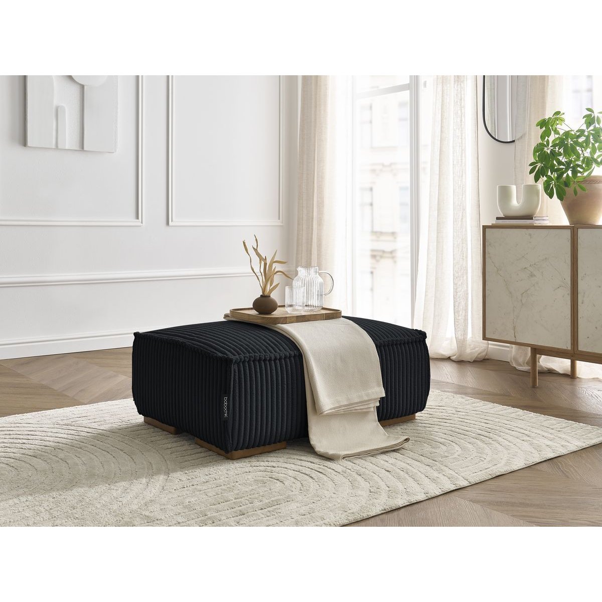 Pouf gros côtelé doux, CHELSEA noir, BOBOCHIC