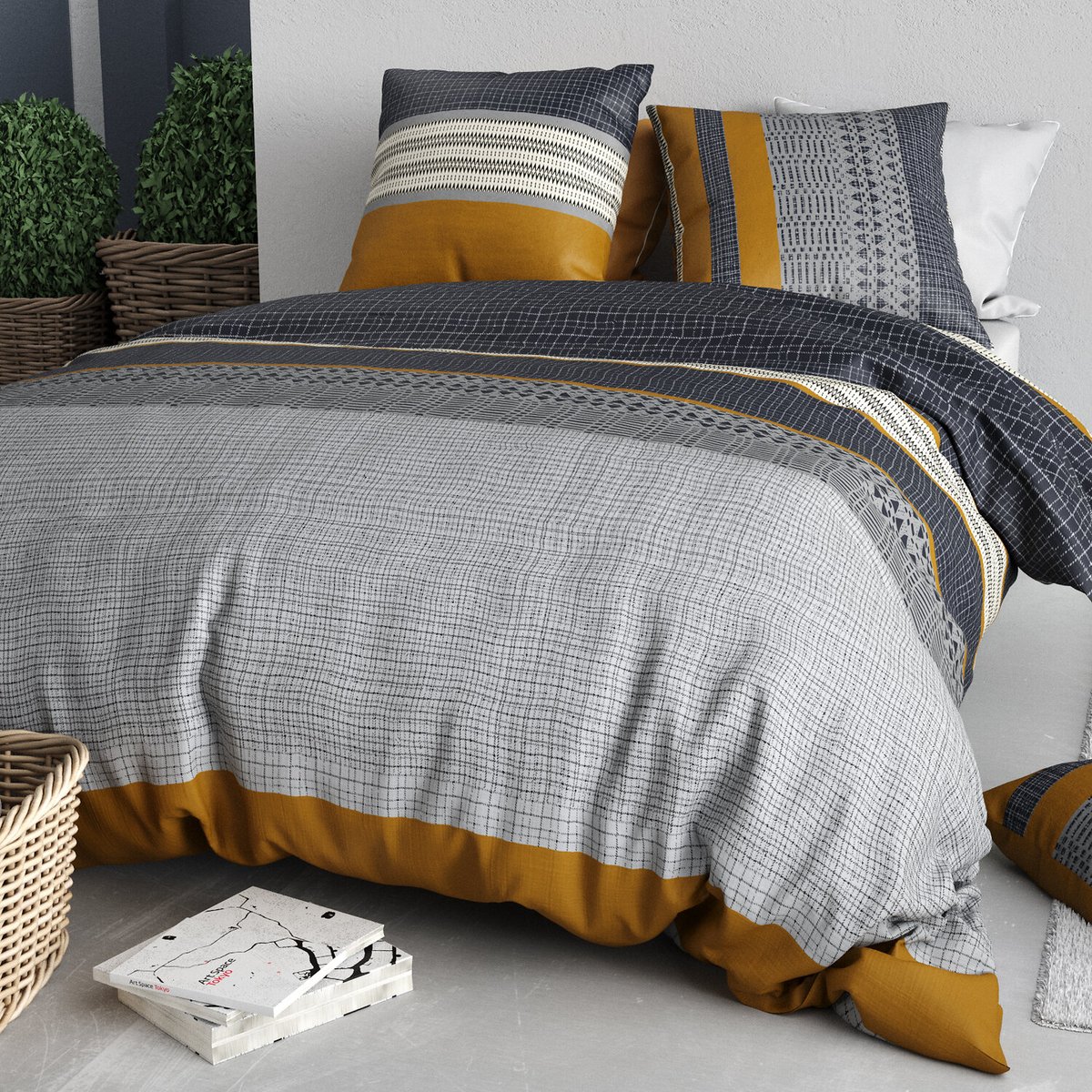 Parure housse de couette en coton imprimée, Elka gris, ATELIER DU COTON