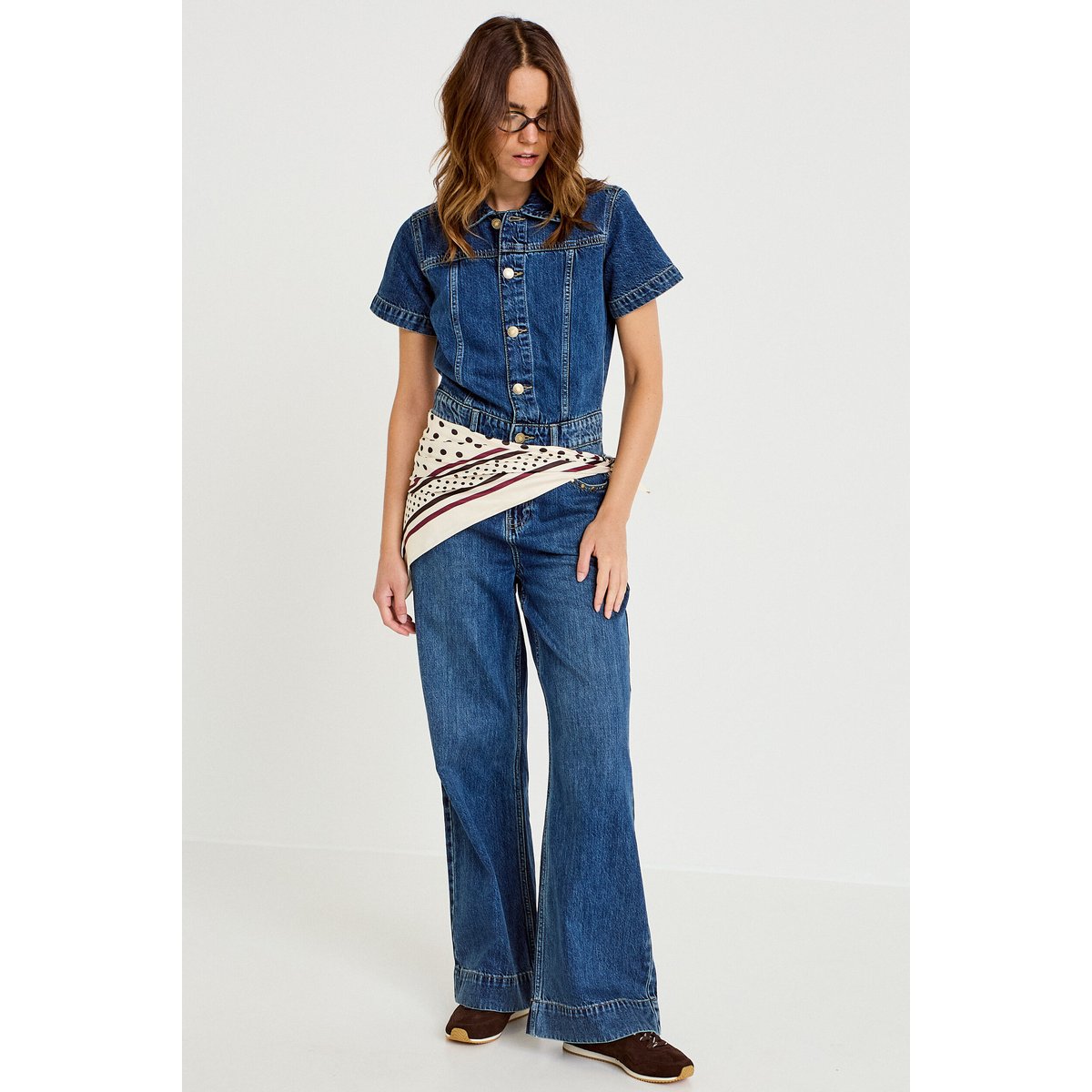Combinaison jean flare col américain denim stone, CACHE CACHE