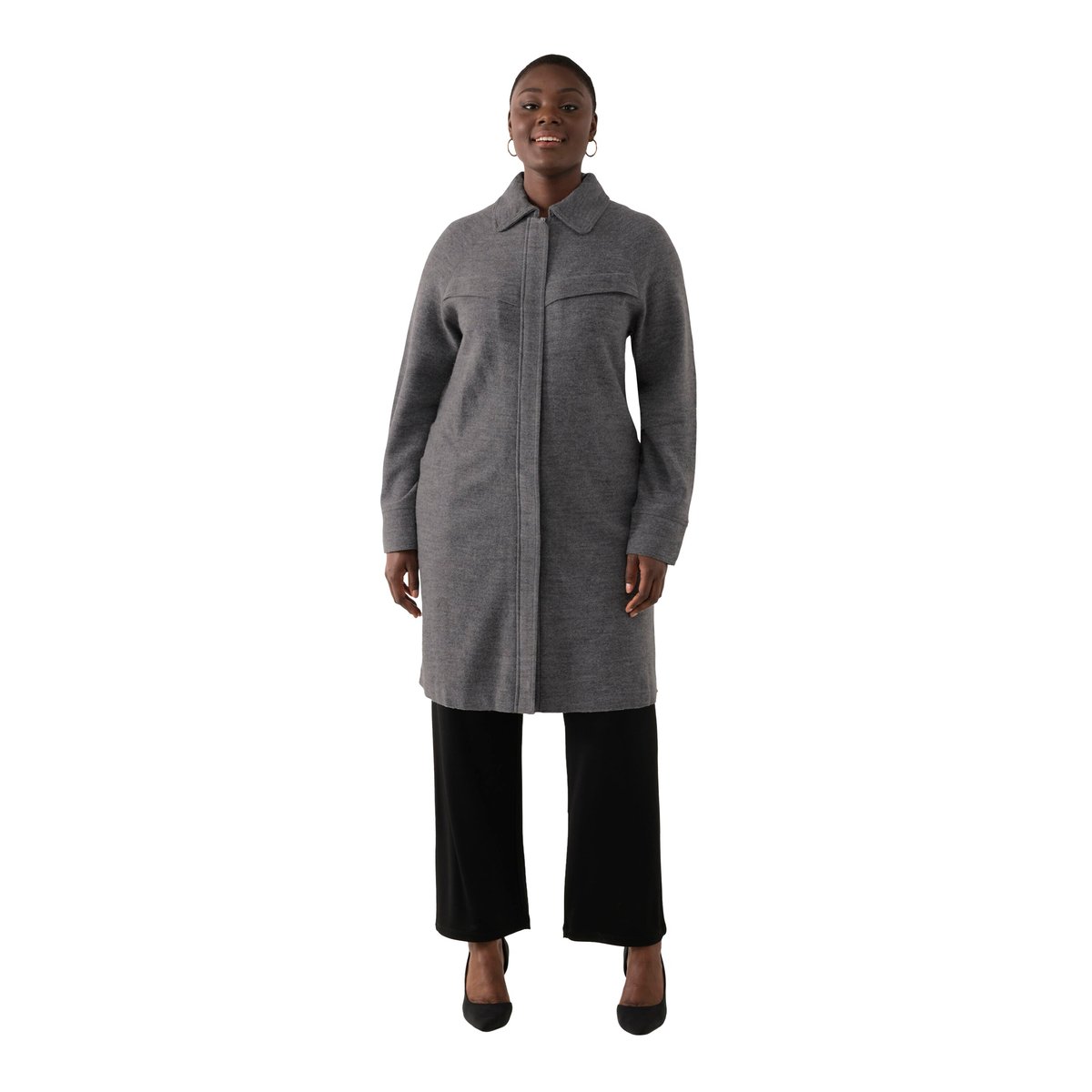 Manteau en laine bouillie avec col chemise gris clair chiné, ULLA POPKEN