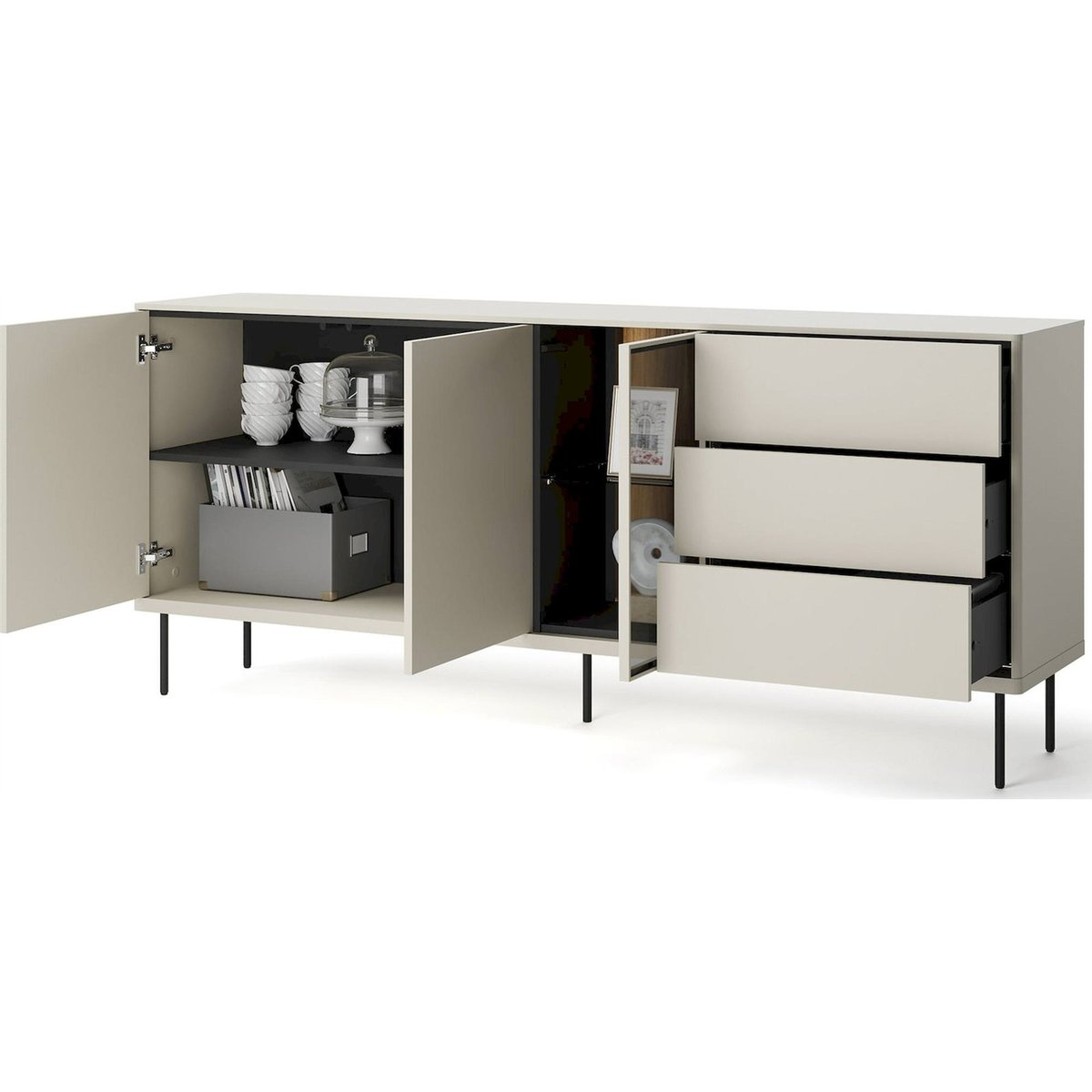Buffet vitrine lumineux en bois EPIRO gris beige et chêne foncé, RECOLLECTION