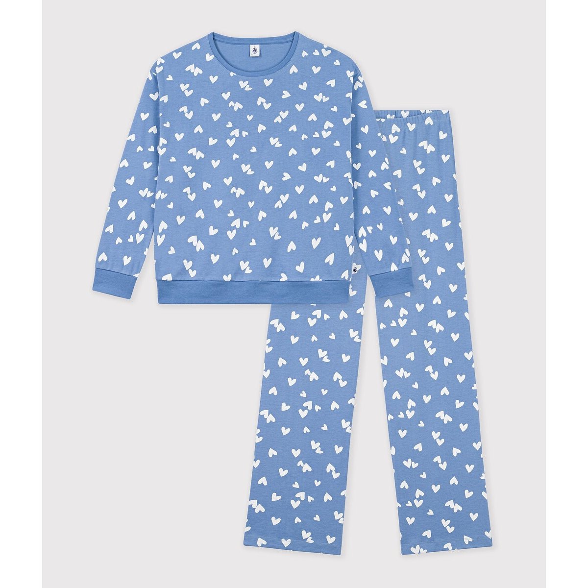Pijama de 2 peças, em algodão, com estampado de corações azul/branco, PETIT BATEAU