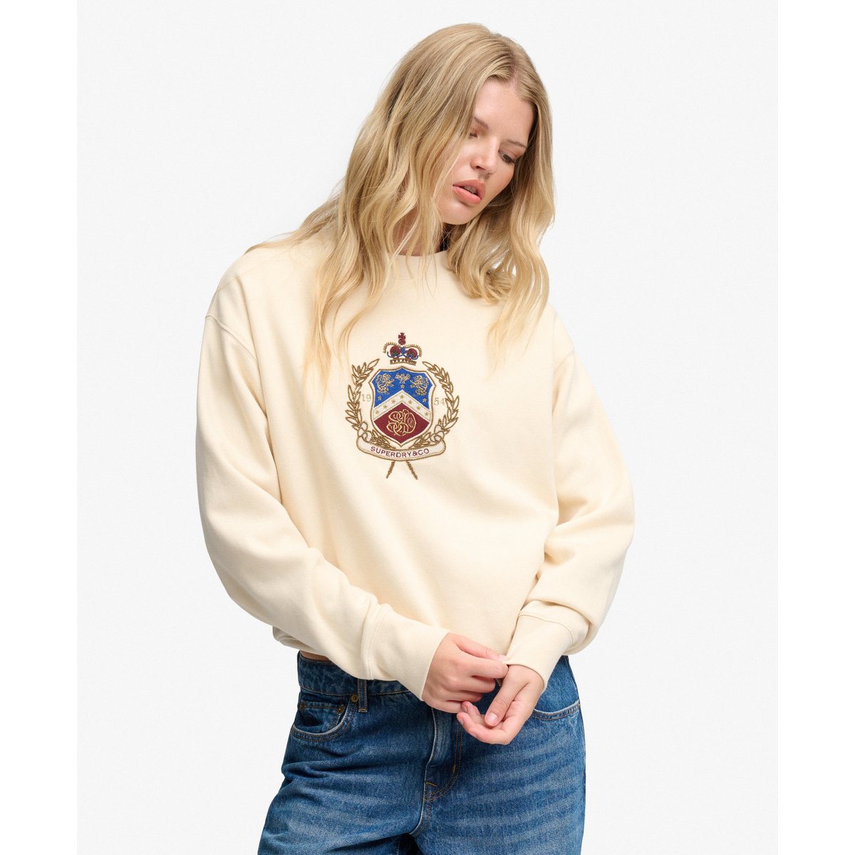 Sweat Crest col rond coupe décontractée crème naturel, SUPERDRY