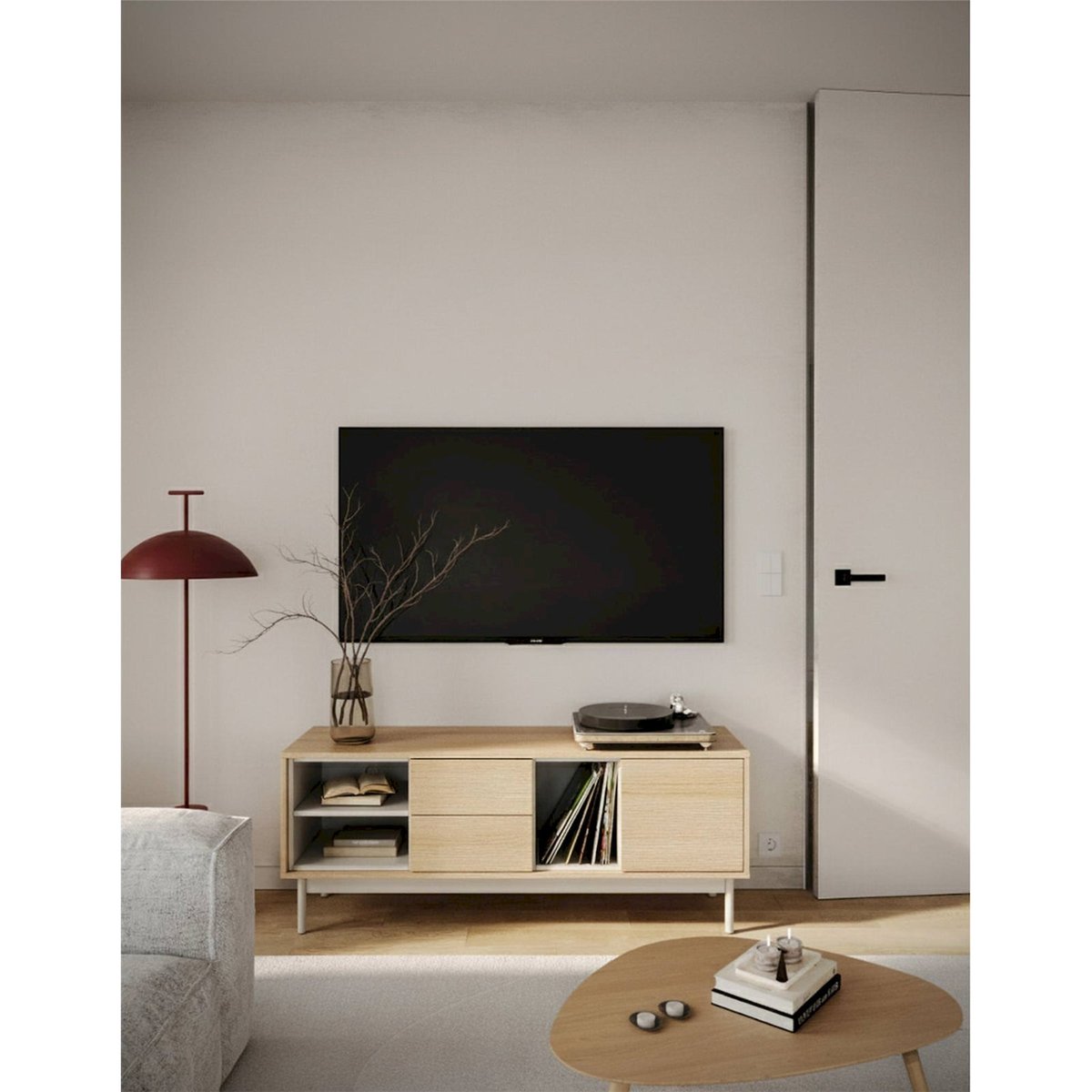 Meuble tv LAYEN 1 porte 2 tiroirs effet chêne lindberg et beige cachemire, RECOLLECTION