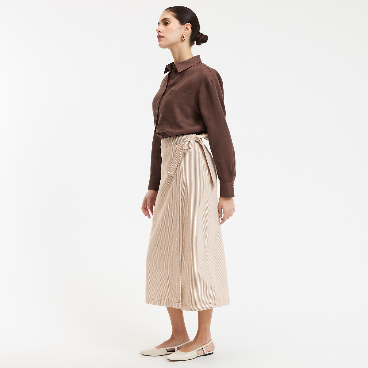 Jupe droite portefeuille à rayures midi rayé écru/marron, LA REDOUTE COLLECTIONS