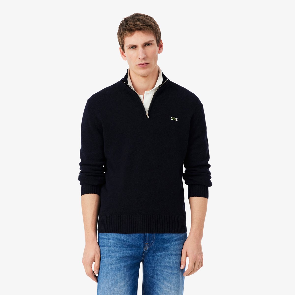 Pull zippé uni col montant laine bleu-166, LACOSTE