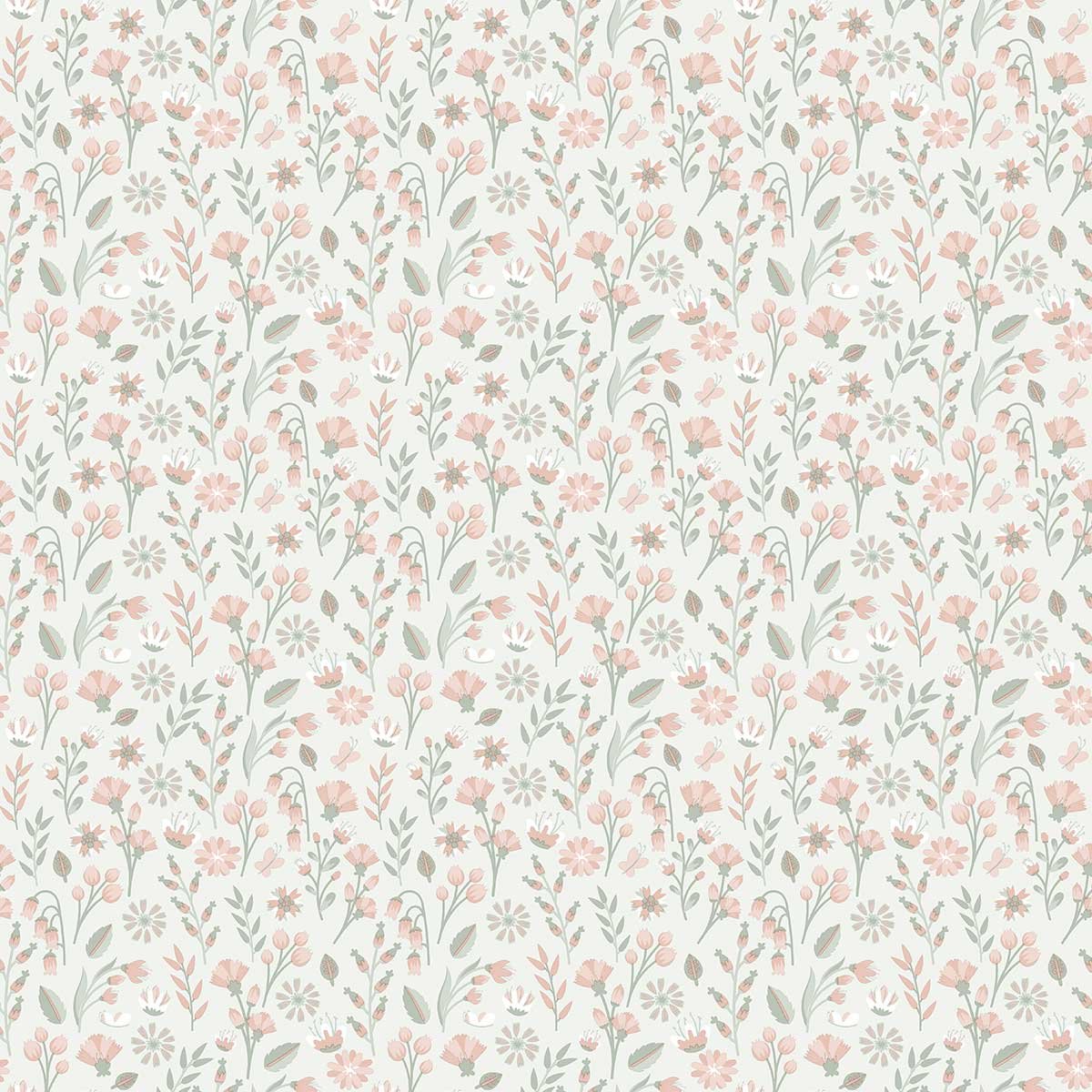 Papier peint floral champêtre rose poudré beige, HEXOA