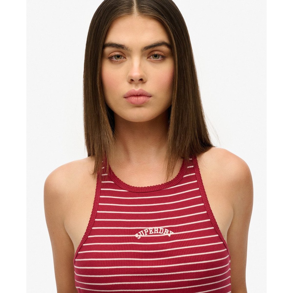 Débardeur rayé à dos nageur et logo Essential rayé rouge bordeaux, SUPERDRY