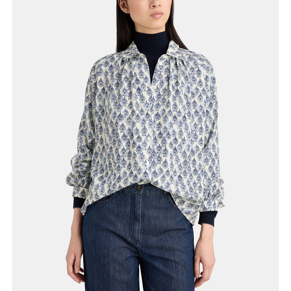 Chemise droite oregano fantaisie écru et bleu, JODHPUR