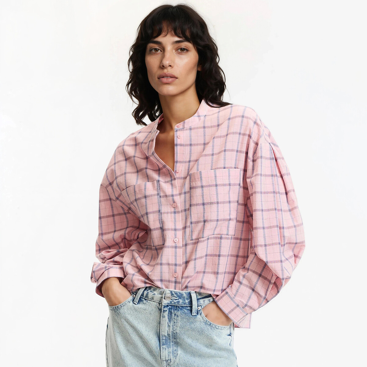Chemise col rond manches longues à carreaux carreaux rose, LA REDOUTE COLLECTIONS