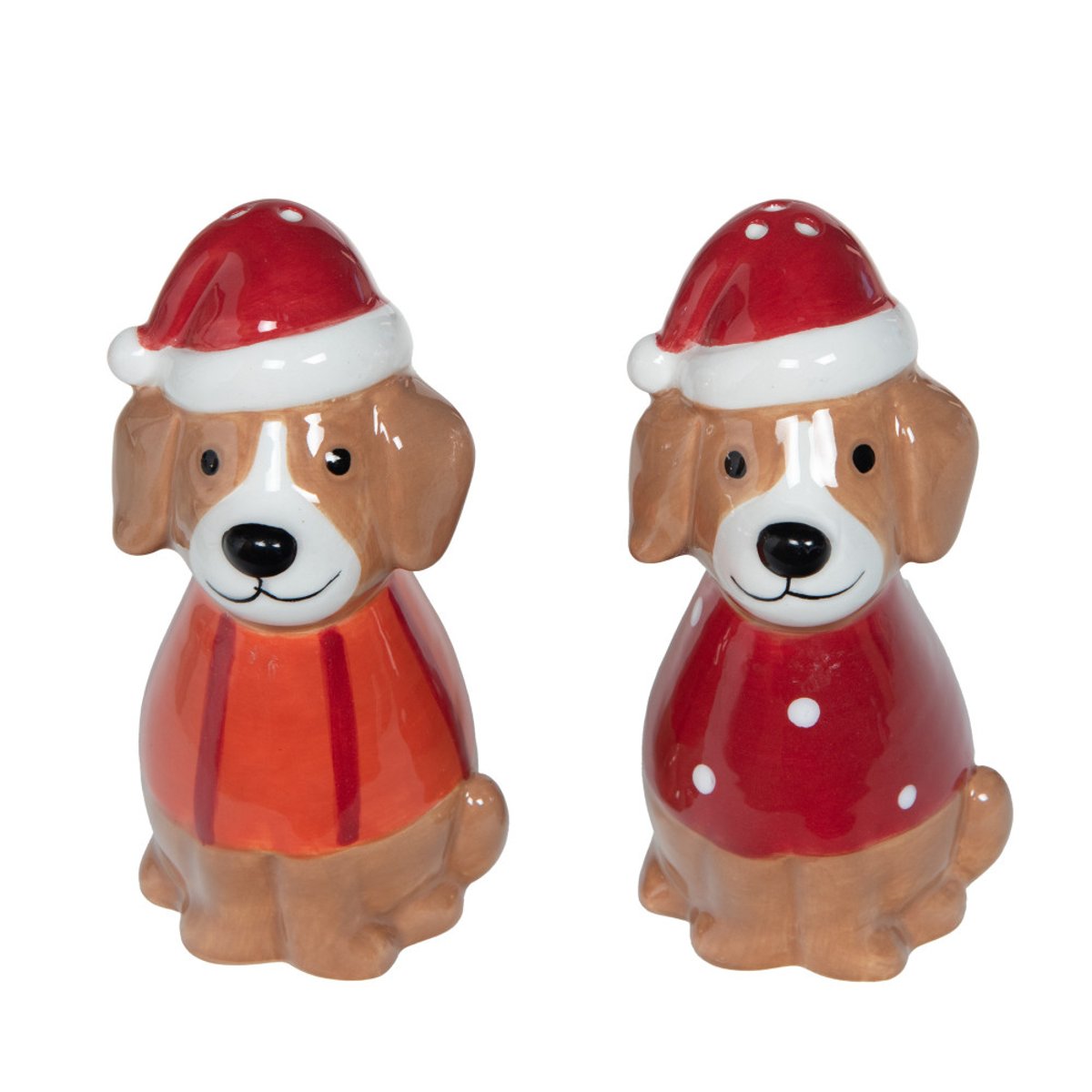 Coffret sel + poivre chien Noël H9 cm en céramique marron, AMADEUS