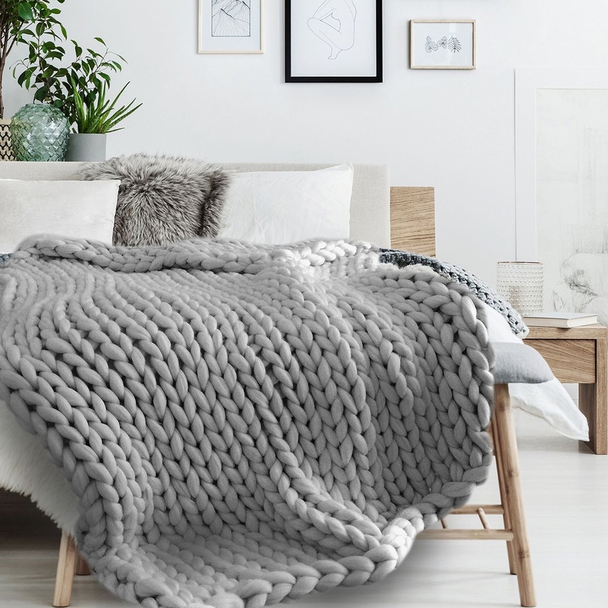 Plaid tricoté en grosse maille CHUNKY gris, THE HOME DECO FACTORY