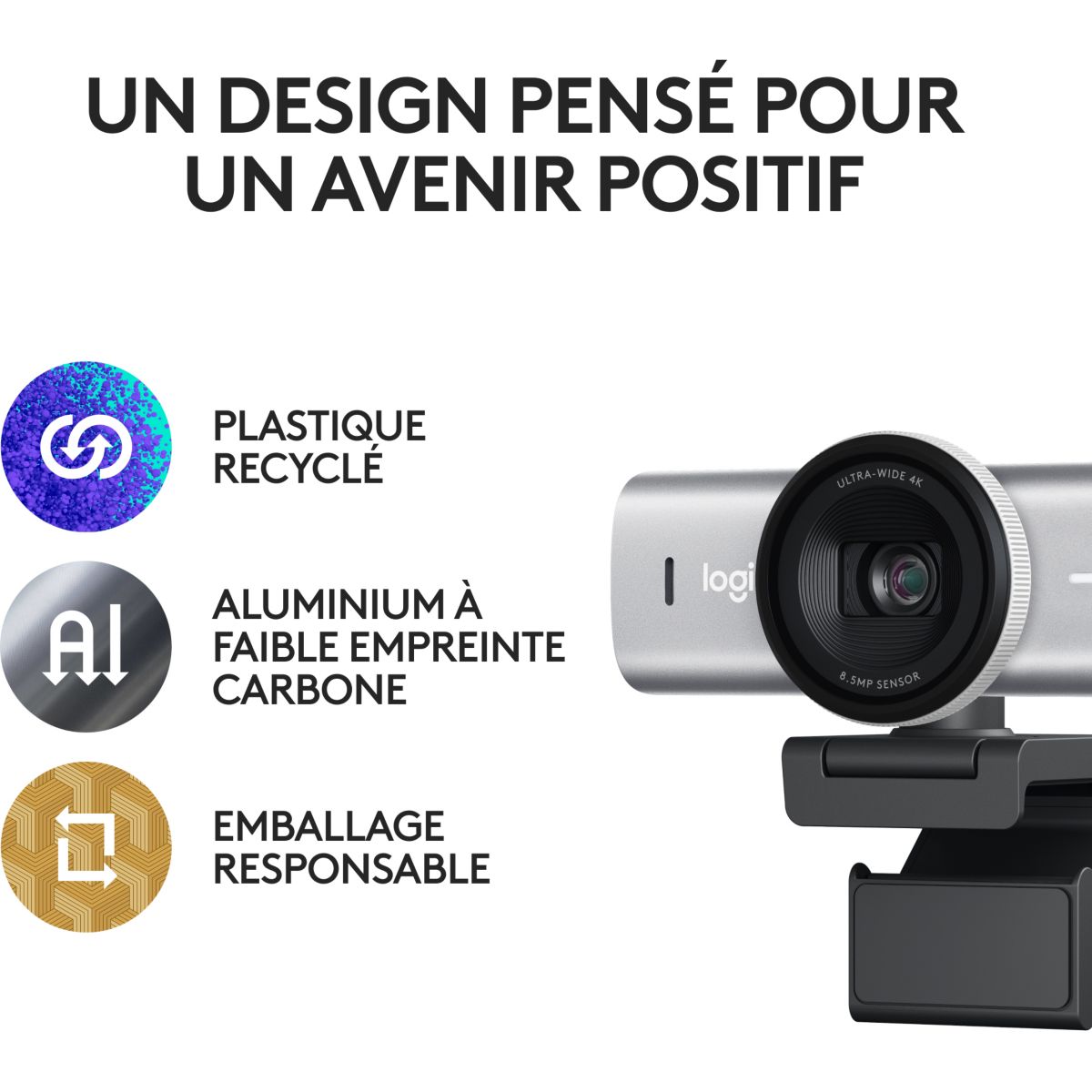 Webcam MX Brio Streaming 4K Gris pale couleur unique, LOGITECH