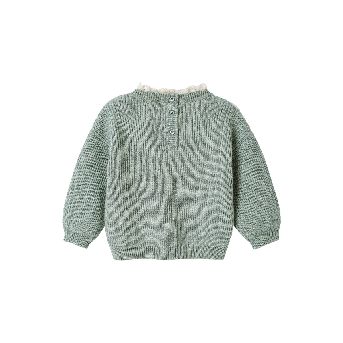 Pull bébé en côte perlée col en broderie anglaise vert sauge, VERTBAUDET