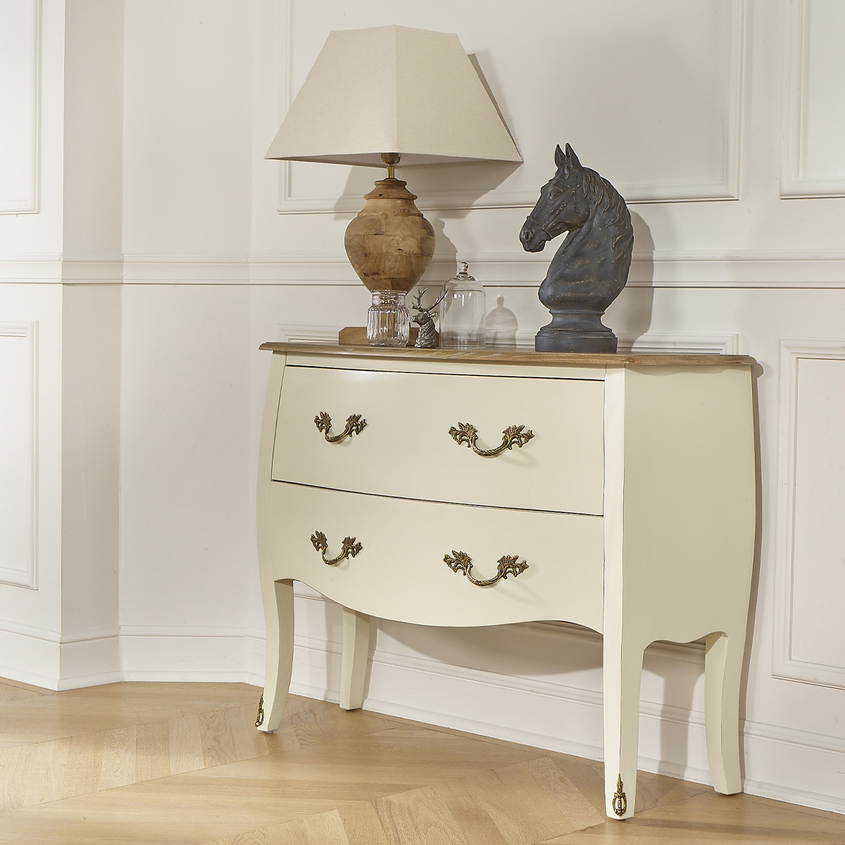 Commode style shabby chic, plateau chêne, 2 tiroirs AQUITAINE blanc, ROBIN DES BOIS