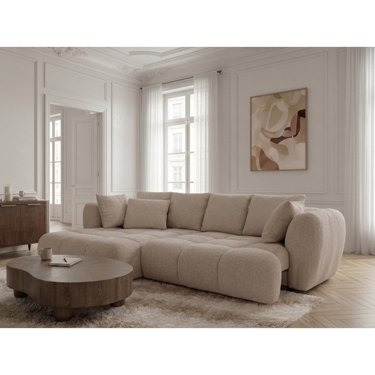 Canapé d'angle convertible 3 places en tissu bouclette, AUDE beige, BOBOCHIC